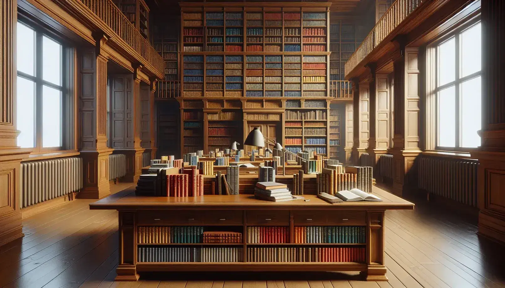 Biblioteca accogliente con scrivania in legno, libri colorati ordinati e scaffali pieni, luce naturale da finestra e lampada da tavolo.