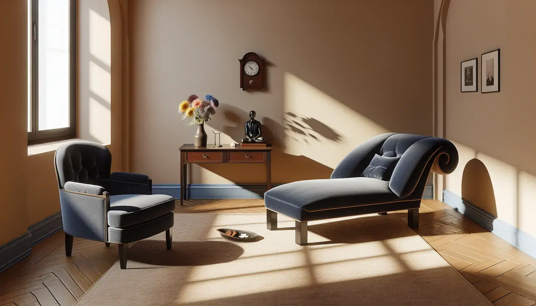 Studio di psicoanalisi con chaise longue blu scuro, poltrona coordinata, tavolino con orologio e statuetta, e libreria con volumi rilegati.