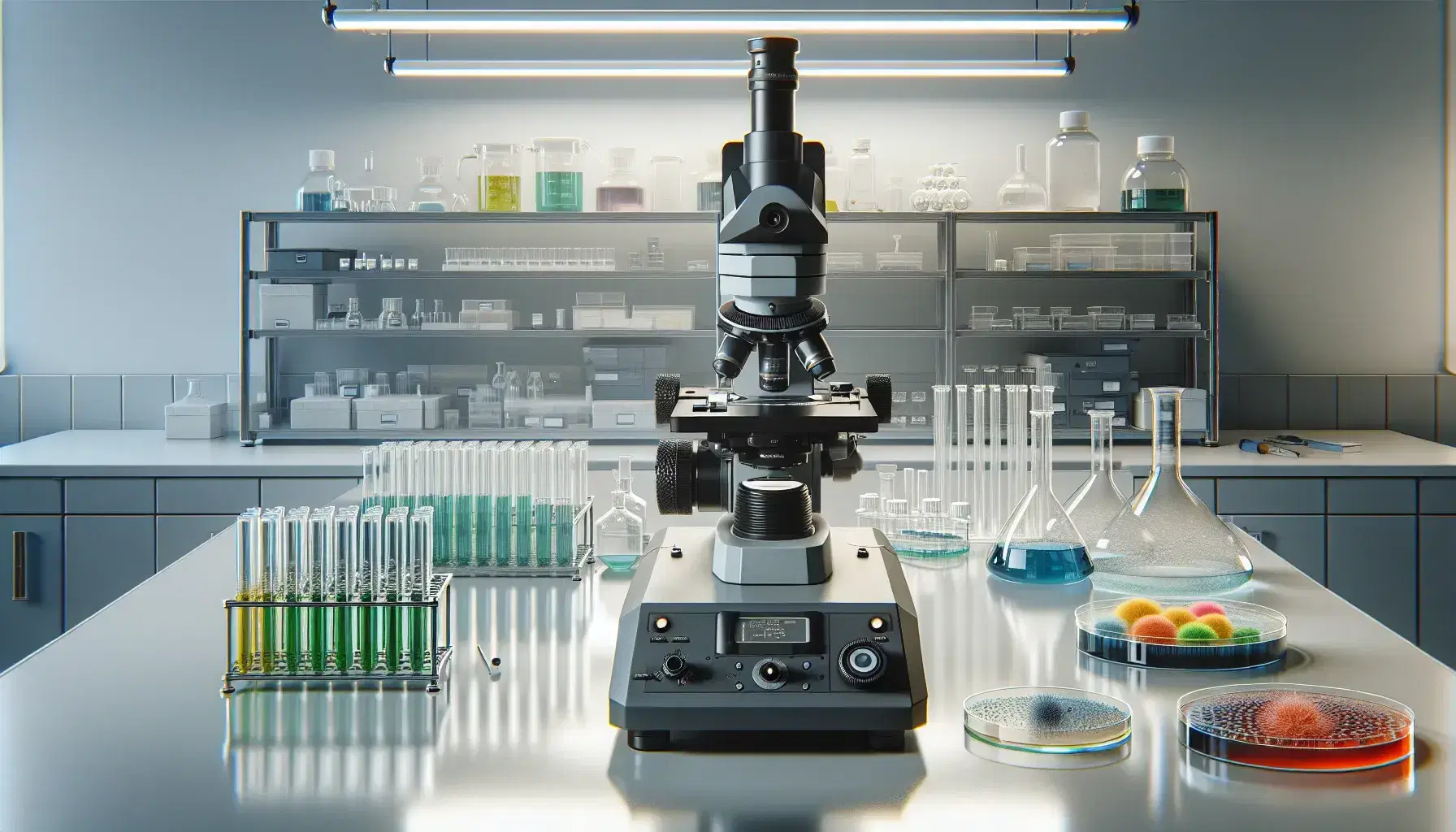 Microscopio elettronico al centro di un laboratorio genetico con provette colorate, piastra Petri e contenitori su scaffali illuminati da luce fluorescente.