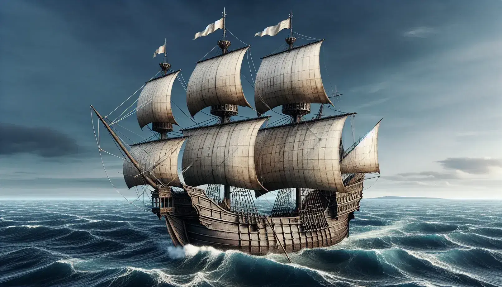 Caravella del XV secolo naviga in mare aperto con vele quadre gonfie, struttura in legno scuro e dettagli artigianali, su sfondo di cielo azzurro.
