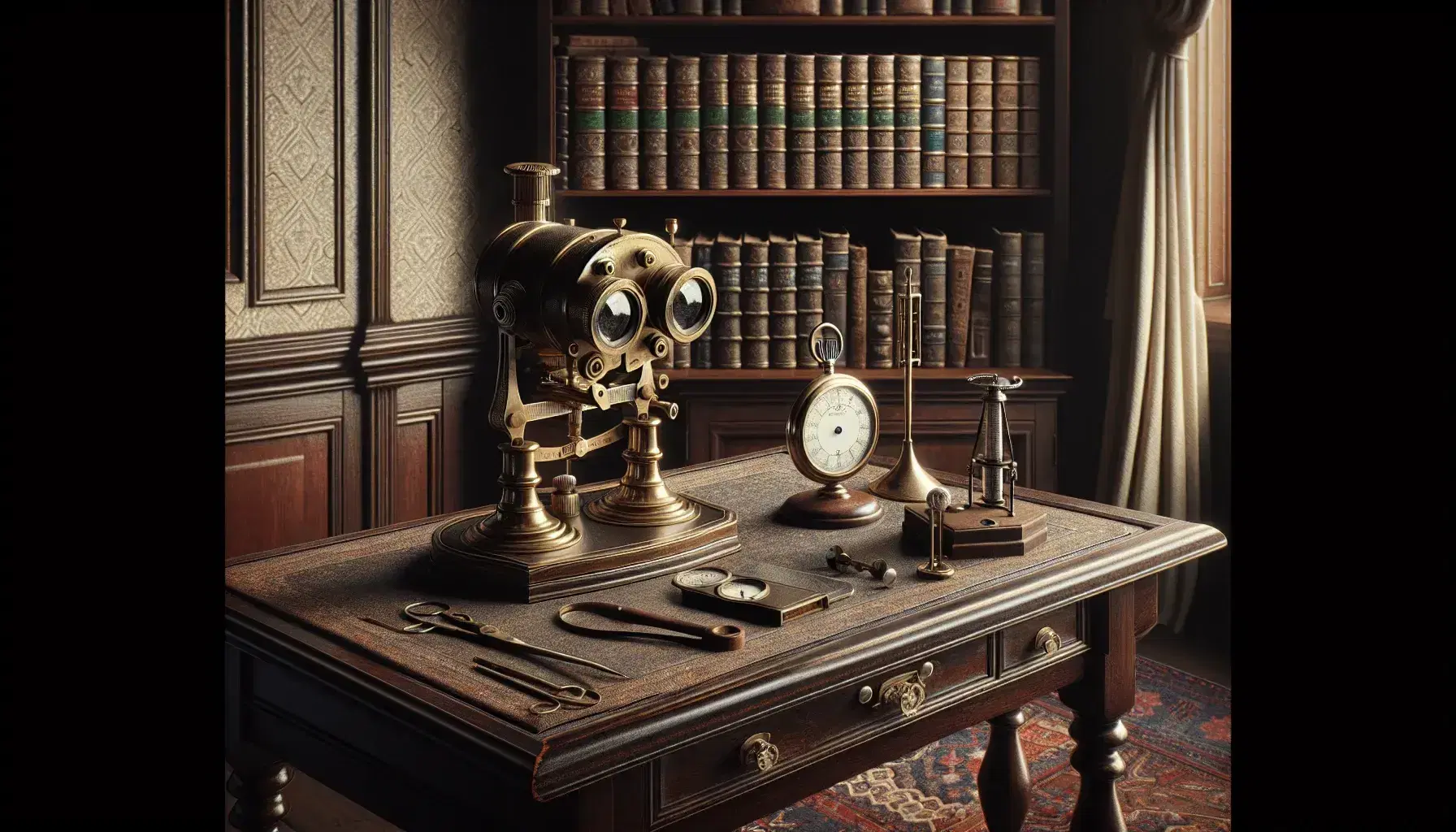 Escritorio de madera antiguo con instrumentos científicos victorianos, entre ellos un estereoscopio de latón, un cronómetro y un diapasón, junto a una estantería repleta de libros encuadernados en cuero y una alfombra persa.
