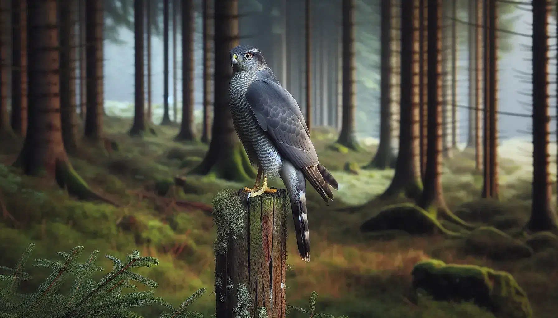 Adult goshawk perched on a wooden post with intense yellow eyes, slate gray and brown feathers, against a blurred backdrop of a dense green forest.