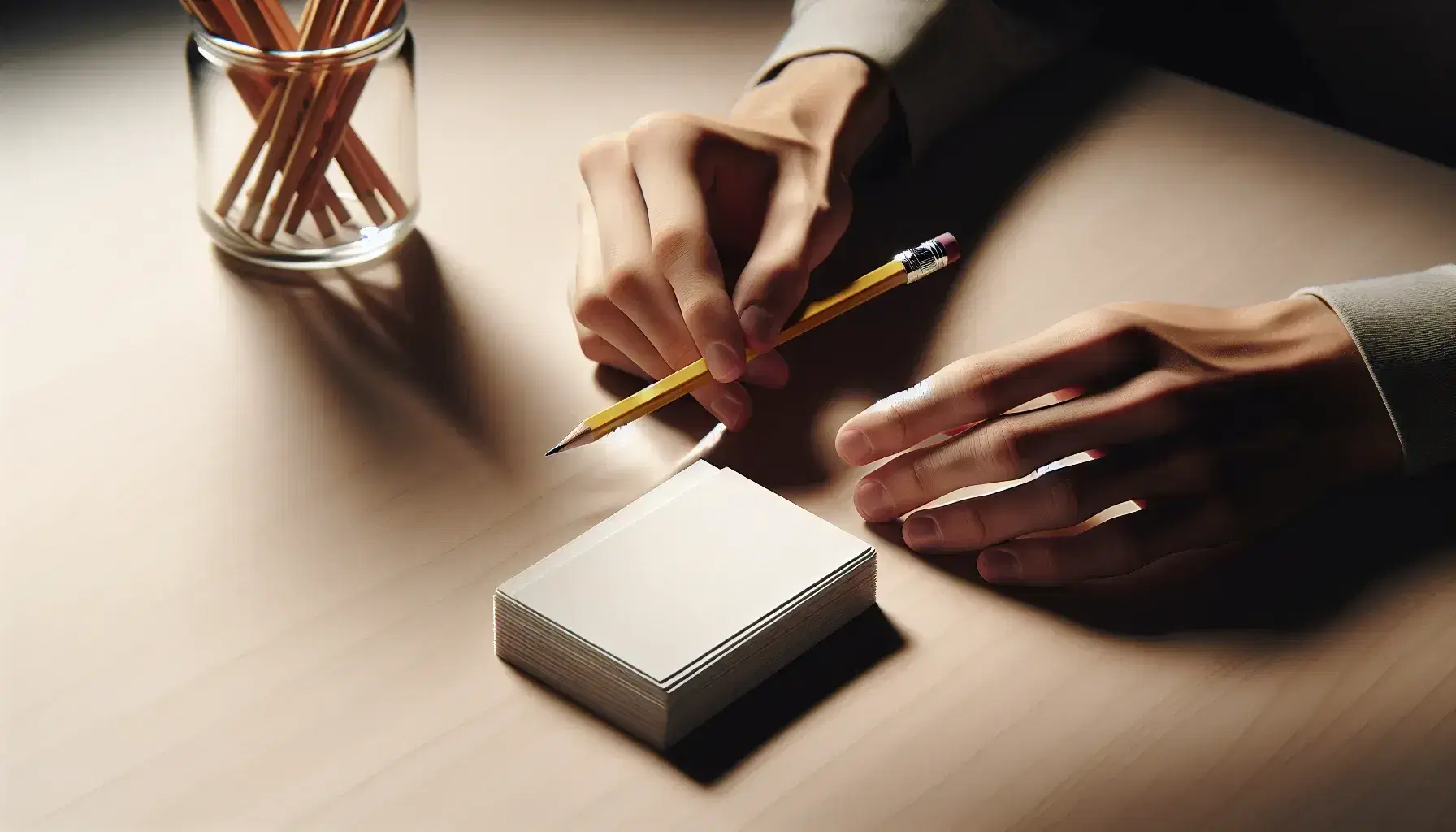 Hands holding yellow pencil and fan of white index cards on wooden desk, jar with blurred pens on background.