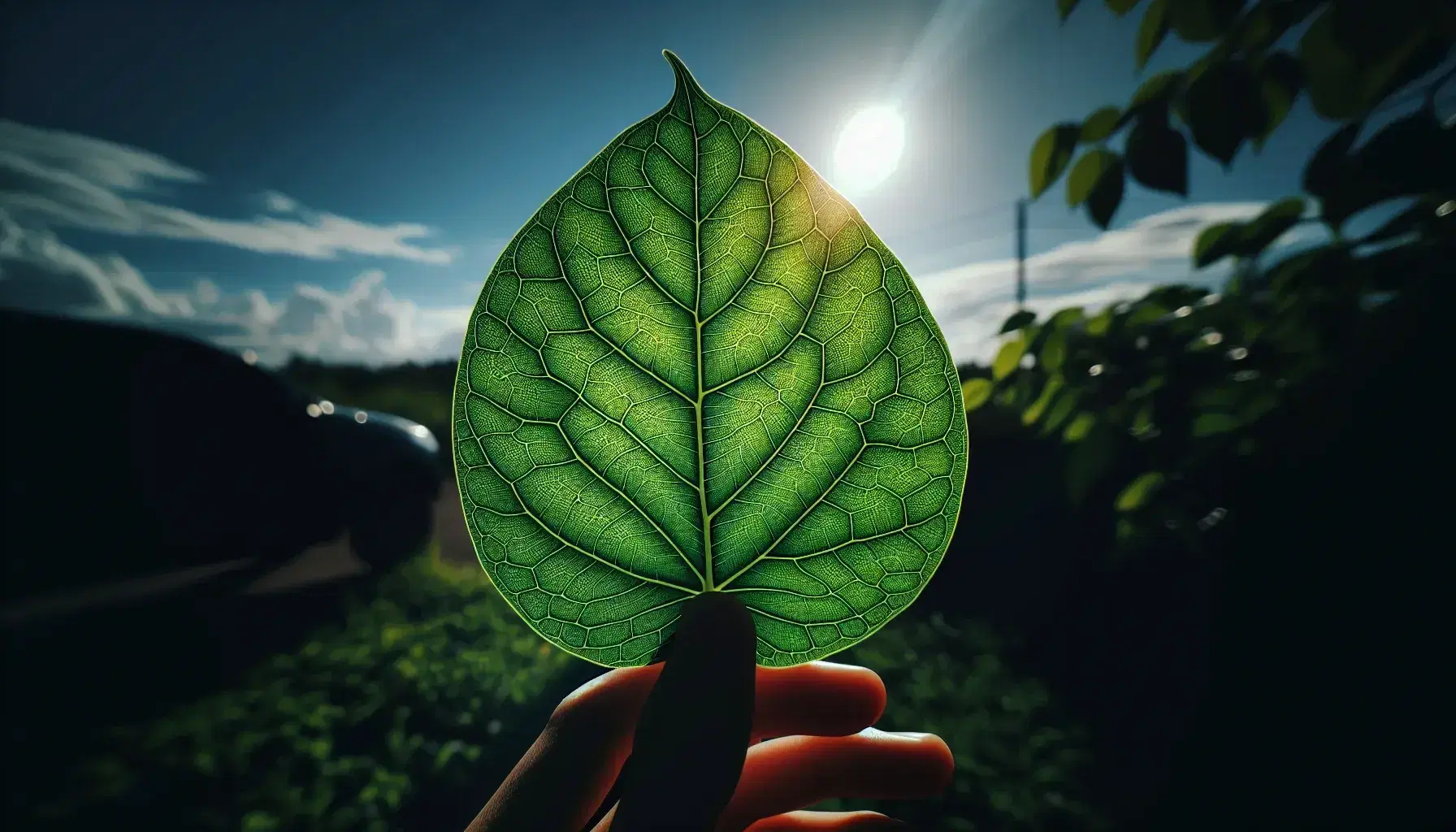 Hoja verde vibrante con patrones de venas bajo la luz del sol, resaltando su textura y color esmeralda contra un cielo azul con nubes dispersas.