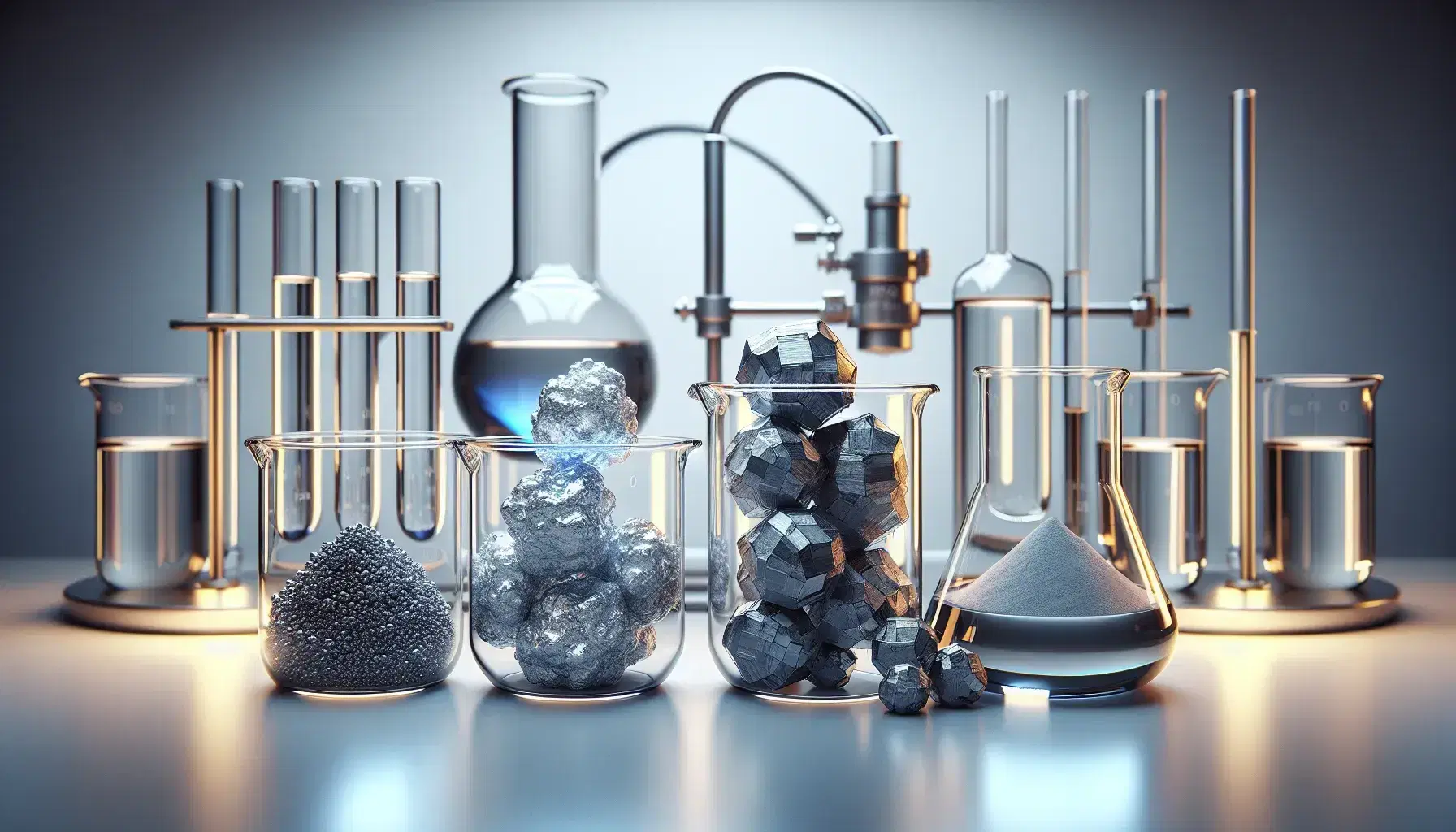 Laboratory with four crystalline samples in beakers: silvery metal, gray powder, dark pellets and bluish crystalline solid on white bench.