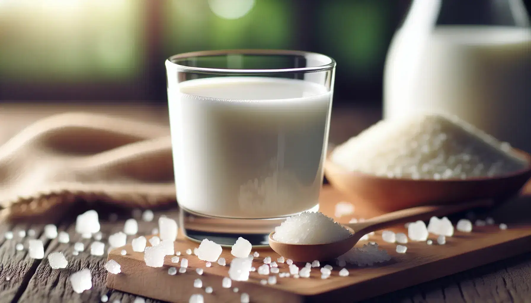 Glass of fresh milk with light foam on wooden table, scattered lactose crystals on natural blurred background.