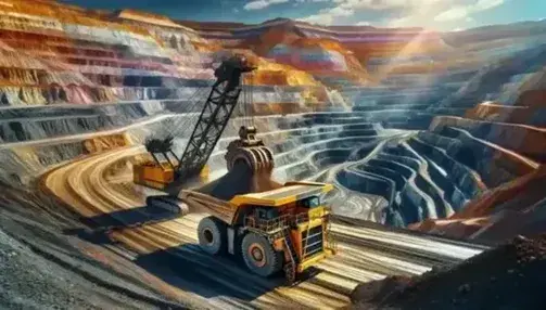 Camión minero amarillo cargado por excavadora hidráulica en mina a cielo abierto con terrazas geológicas y trabajadores supervisando.