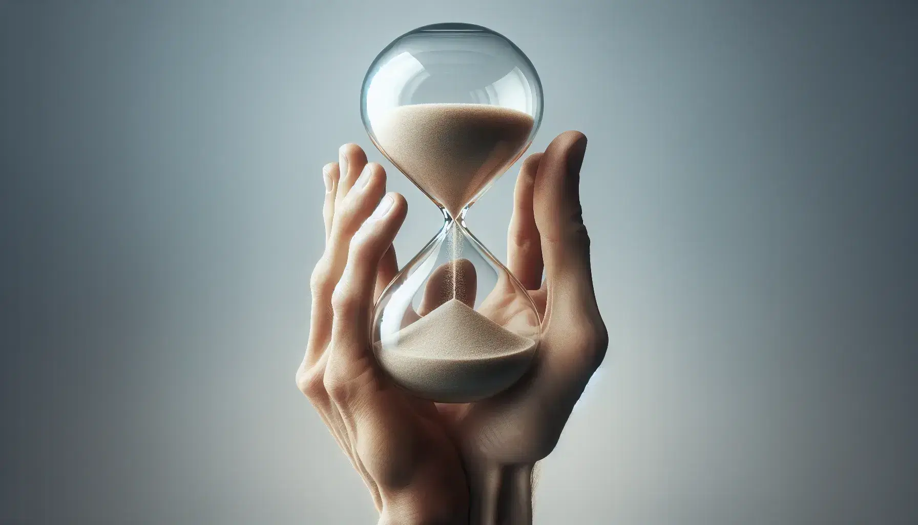 Mano sujetando reloj de arena con arena fina cayendo y fondo suave, simbolizando el paso del tiempo sin distracciones.