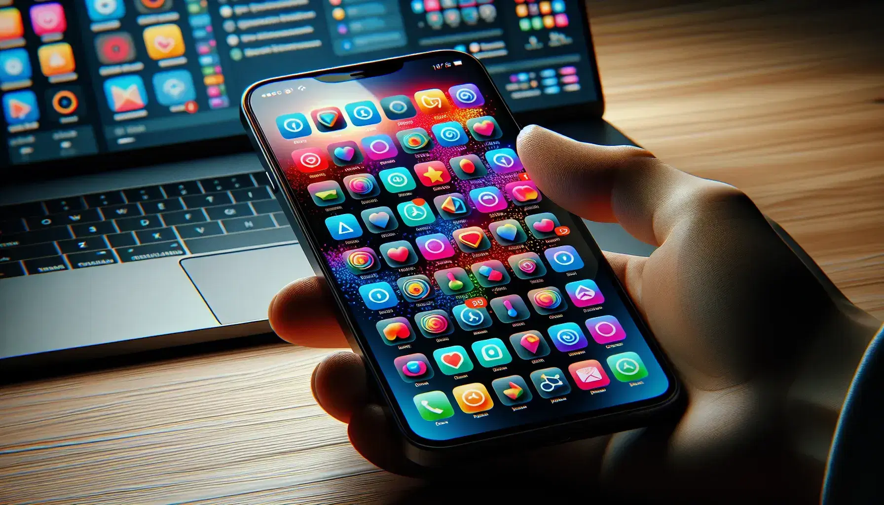 Hand held smartphone with lit screen showing colorful app icons, blurred background with laptop and wooden desk.