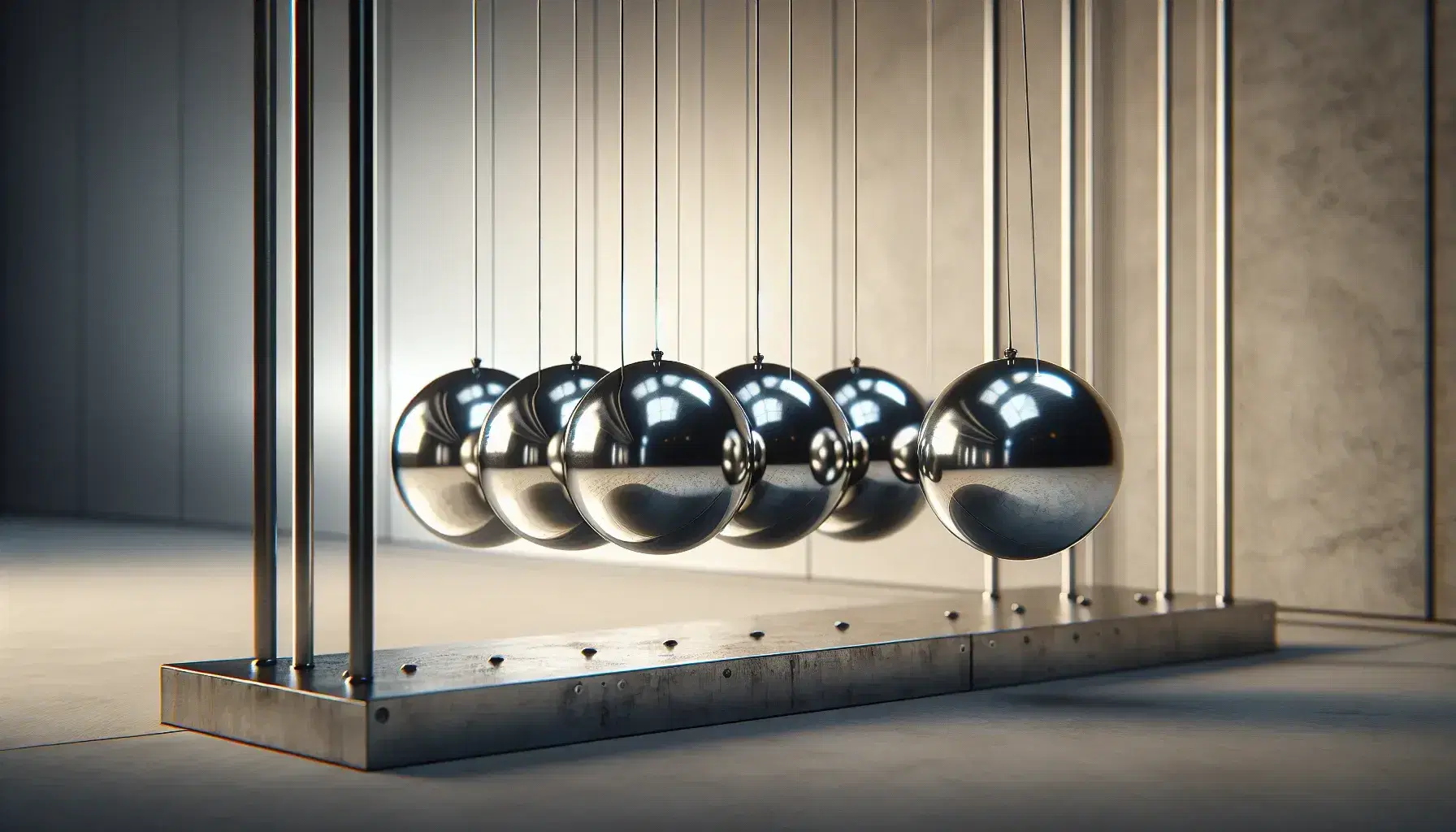 Péndulo de Newton en acción con esferas metálicas reflejantes suspendidas, una en movimiento y las demás estáticas, sobre fondo claro y uniforme.