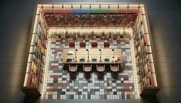 Vista aérea de una biblioteca con estanterías de madera oscura llenas de libros coloridos, una mesa de estudio con cuatro sillas y portátiles mostrando gráficos.