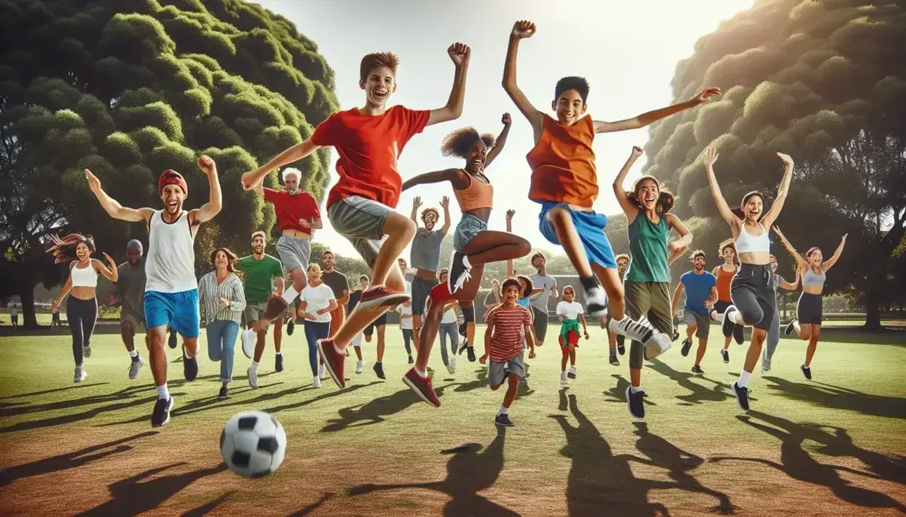 Grupo diverso realizando actividades físicas en parque al aire libre, niños saltando, adolescentes jugando fútbol y adultos corriendo y estirando en día soleado.