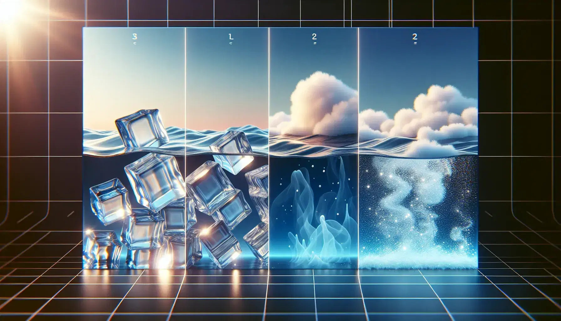 Stati della materia rappresentati in sequenza con cubetti di ghiaccio, acqua ondulata e vapore ascendente su sfondo azzurro-bianco.