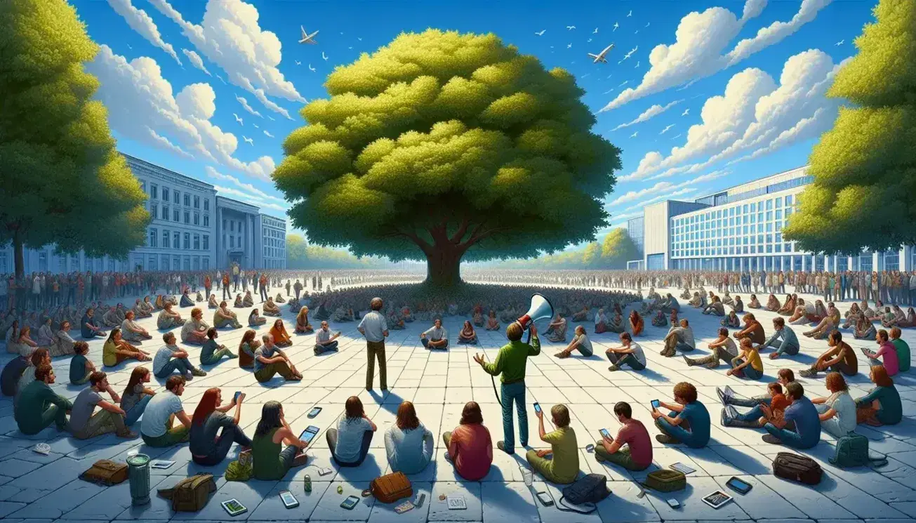 Piazza affollata con persone di diverse età, albero centrale frondoso, uomo con megafono e giovani con dispositivi elettronici.