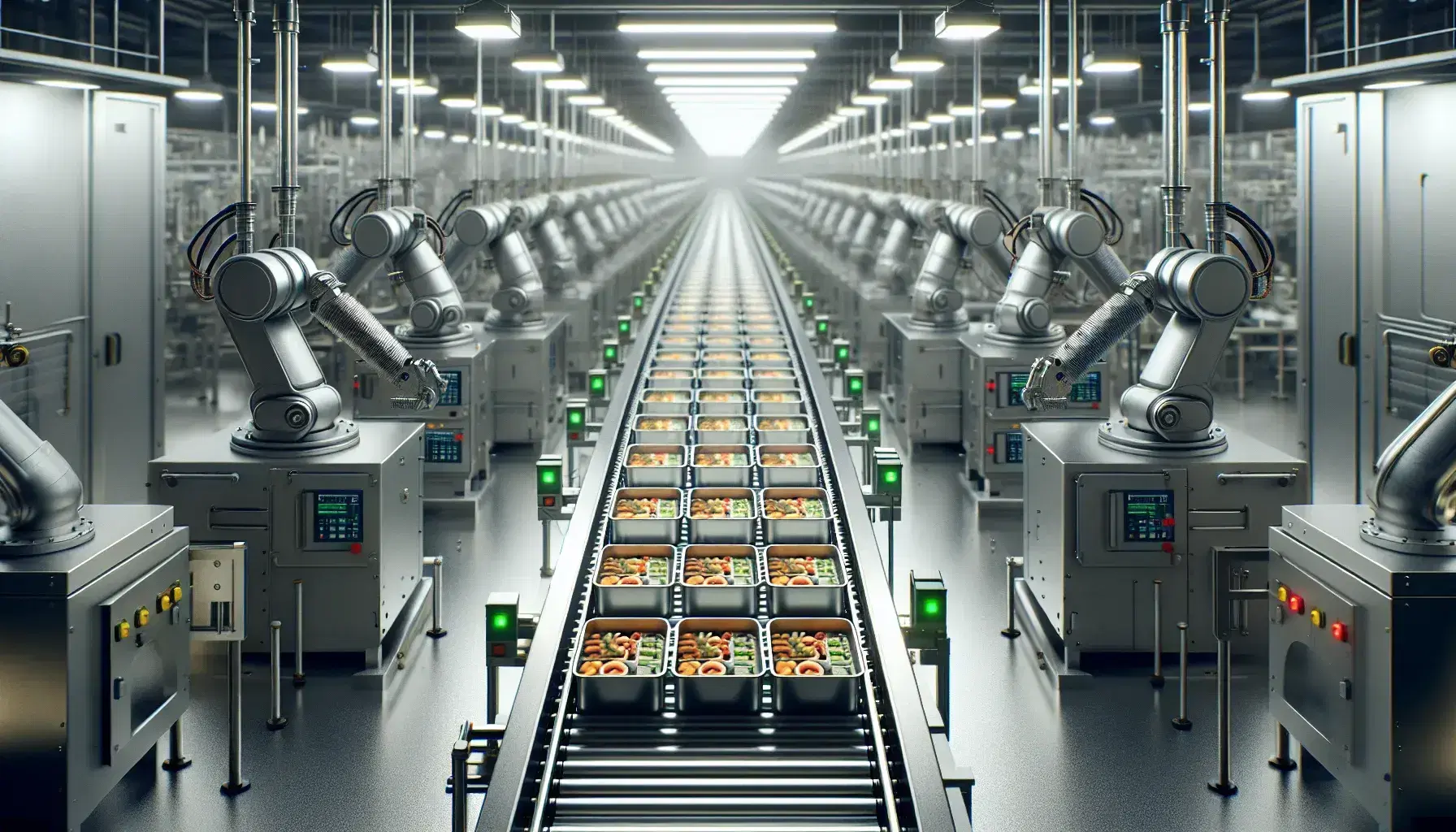 Línea de producción automatizada en fábrica con brazos robóticos manipulando contenedores sellados de alimentos sobre cinta transportadora, rodeados de maquinaria de acero inoxidable.