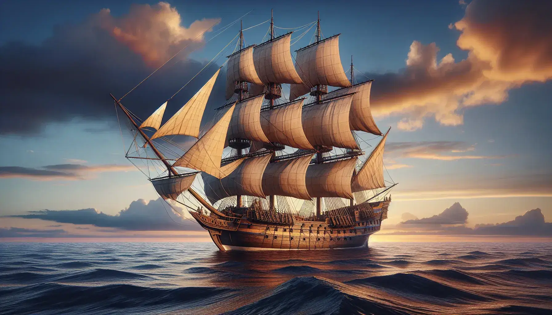 Three-masted sailing ship with billowing sails on calm sea at sunset, crew on deck, distant land with palm trees visible, serene ocean setting.