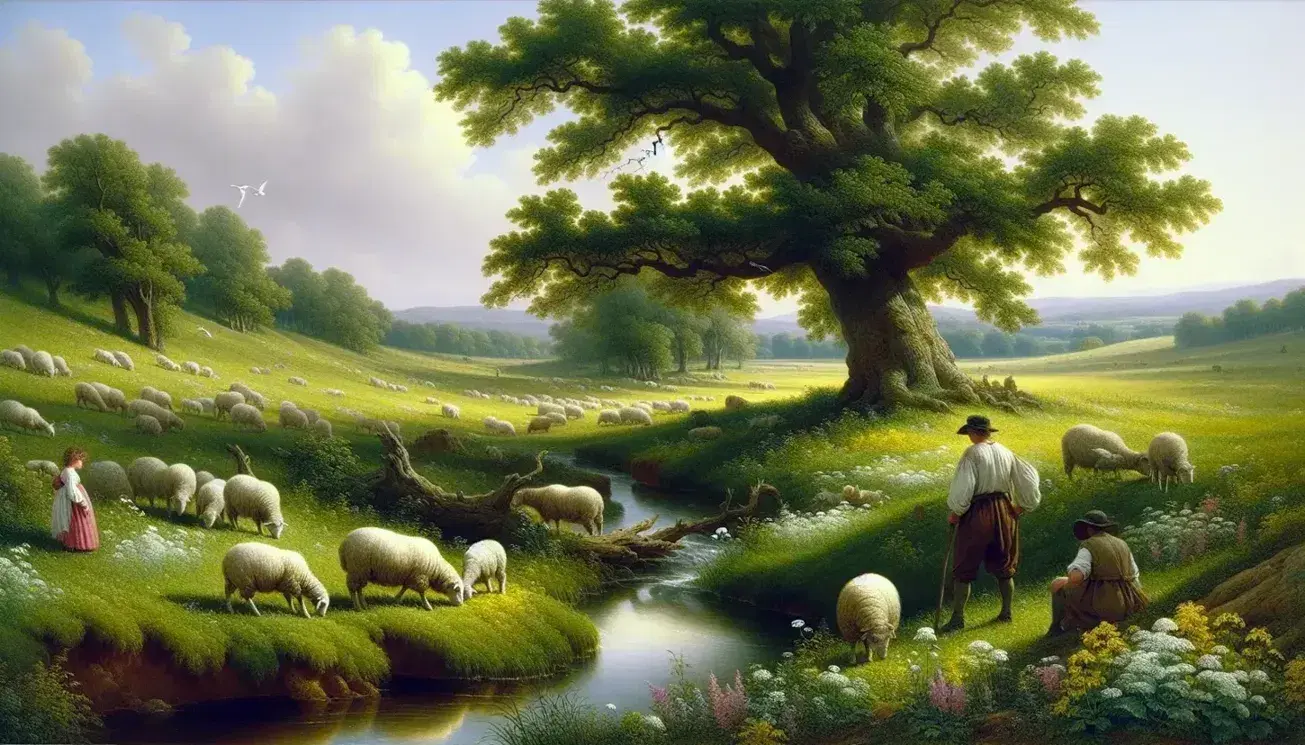 Pastoral 18th-century scene with a shepherd and sheep grazing in a meadow by a stream under an ancient oak tree, with rolling hills and a clear sky.