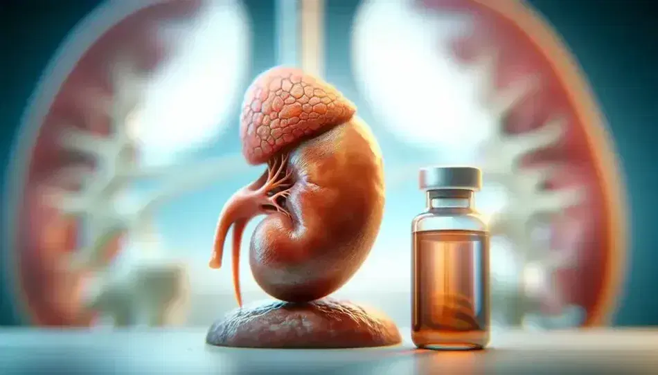 Human adrenal gland above a kidney with vial of amber liquid symbolizing hormones, blurred laboratory background.