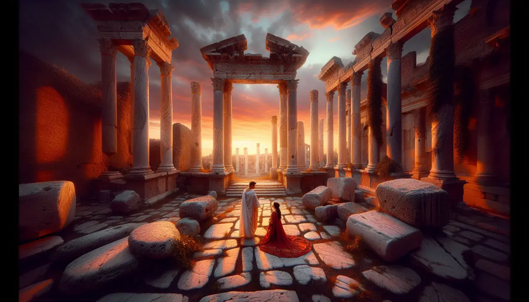 Coppia in abiti romani tra colonne di marmo al tramonto, riflessi caldi su rovine antiche evocano l'eredità romana.
