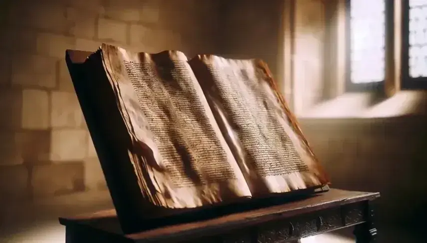 Manoscritto antico su leggio in legno scuro, pagine avorio ingiallite con testo manoscritto, sfondo di muro in pietra.