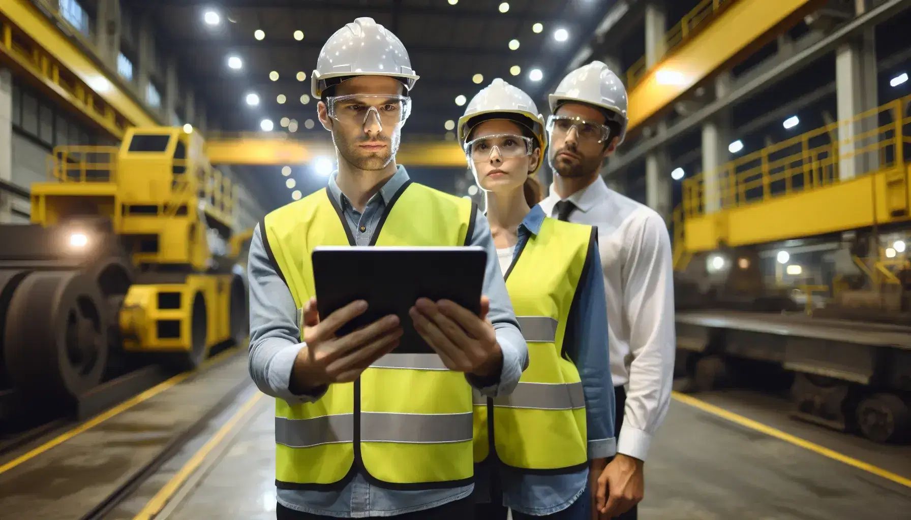 Tres trabajadores con cascos y chalecos reflectantes revisan datos en una tableta electrónica en un entorno industrial con maquinaria amarilla de fondo.