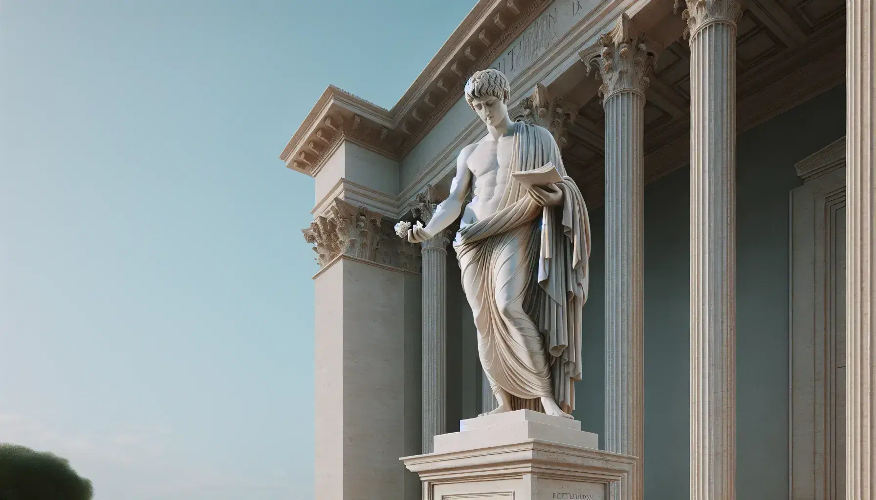Estatua de mármol blanco de autor romano clásico en toga, extendiendo el brazo derecho, sobre pedestal, con edificio de columnas corintias y cielo azul al fondo.