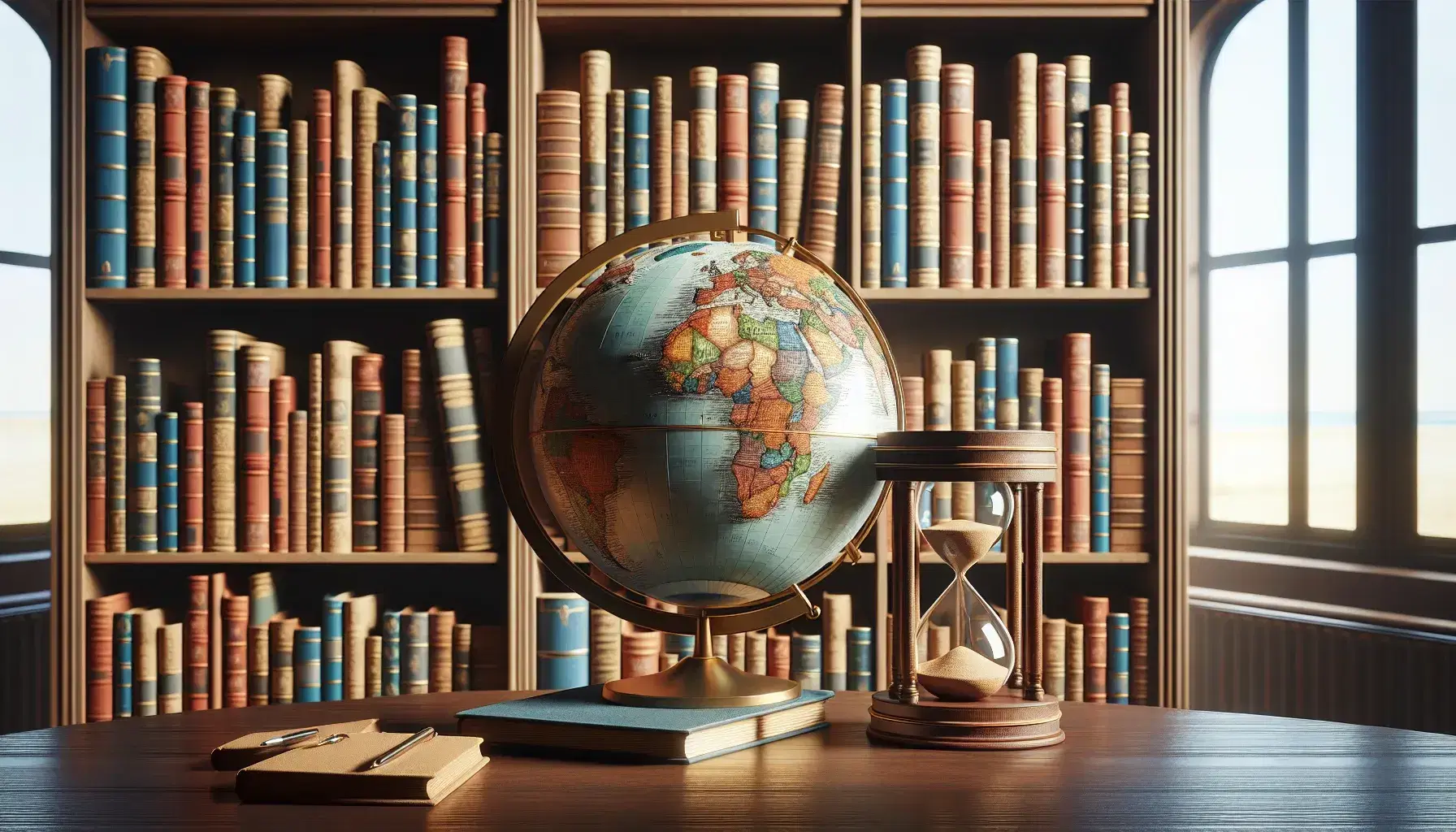 Estantería de madera con libros de colores variados, globo terráqueo con soporte dorado y reloj de arena en mesa oscura, iluminación natural suave.