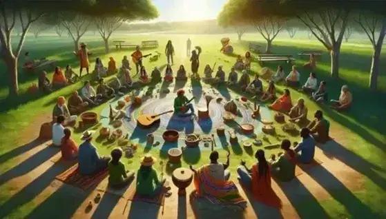 Grupo diverso de personas en círculo en un parque participando en un intercambio cultural con instrumentos musicales y utensilios tradicionales rodeados de naturaleza.