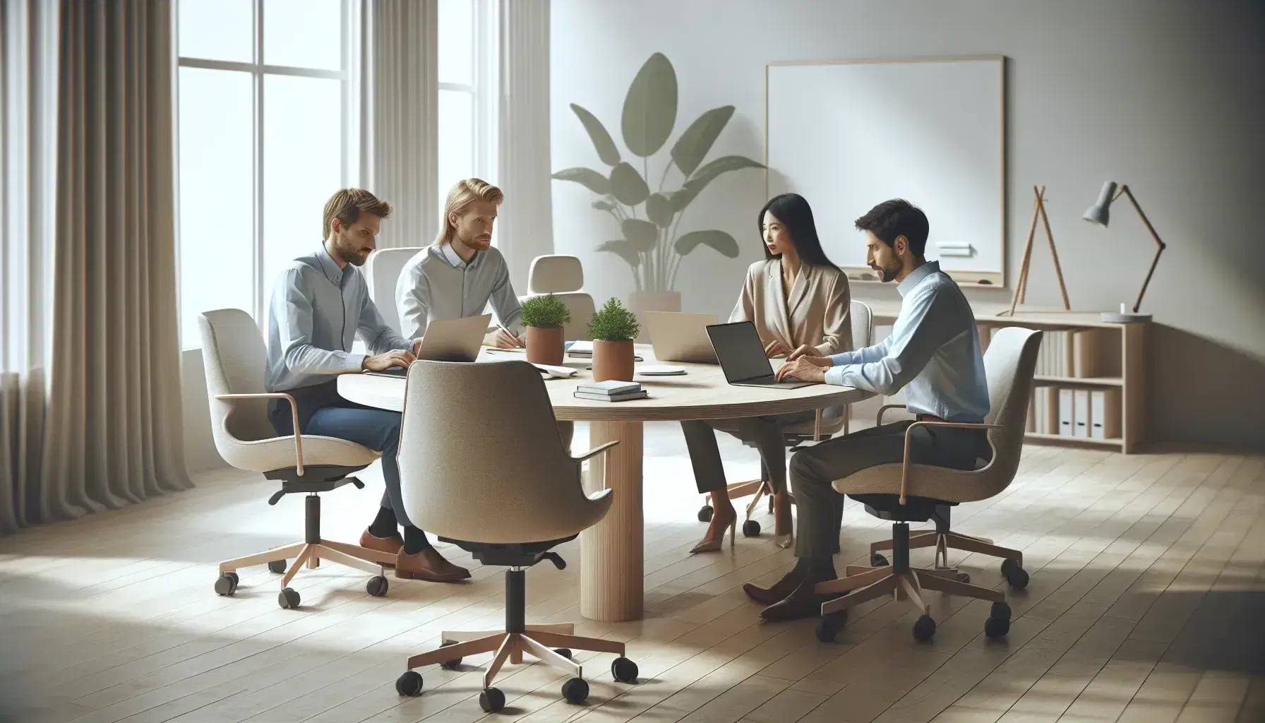 Grupo diverso de profesionales colaborando en una oficina moderna y luminosa, sentados alrededor de una mesa redonda con portátiles abiertos.