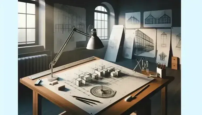 Studio di architettura con tavolo da disegno inclinato, strumenti per il disegno tecnico e lampada, progetti architettonici sullo sfondo.