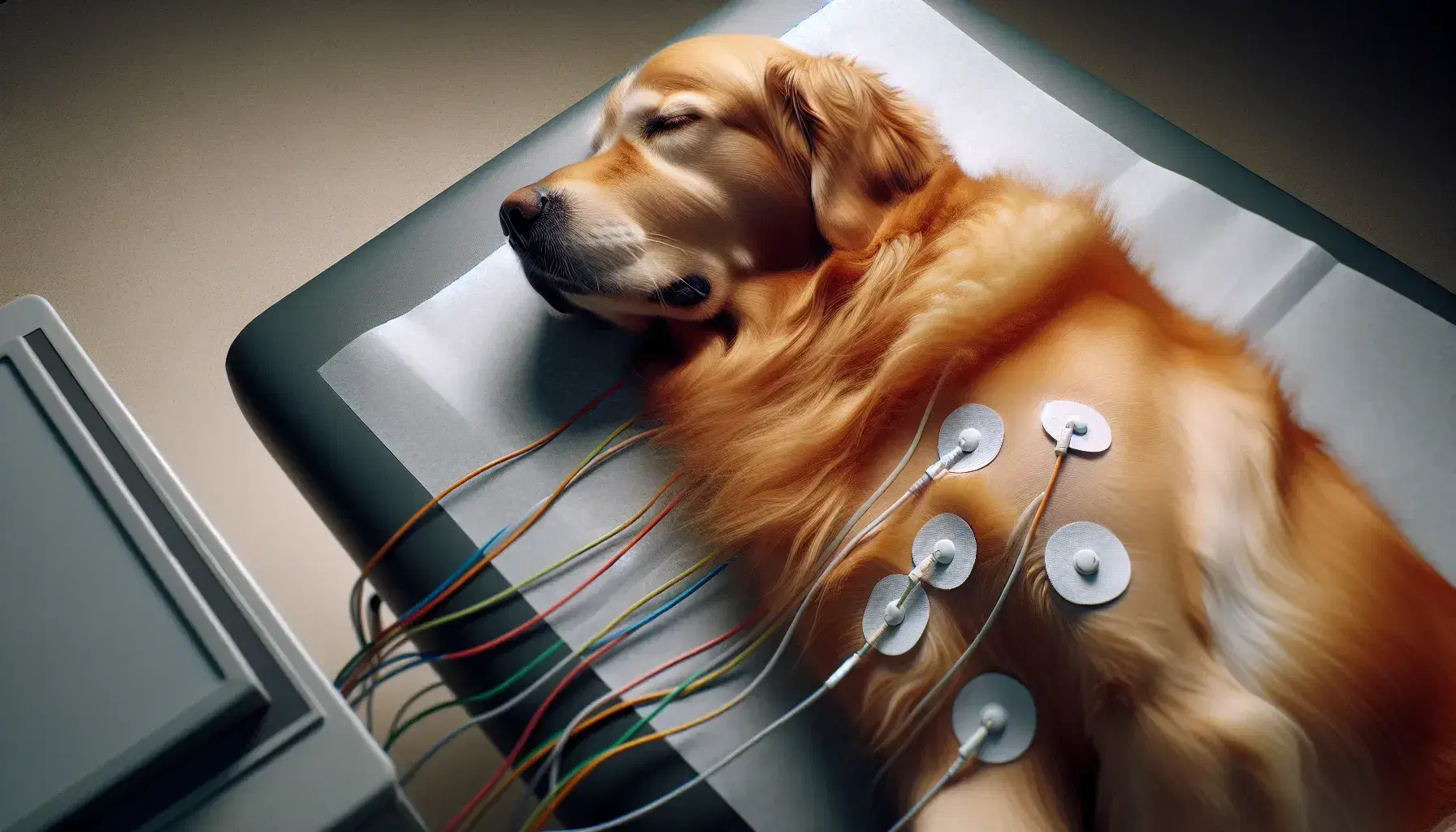 Perro Golden Retriever en consulta veterinaria recibiendo un electrocardiograma con electrodos en su pecho.