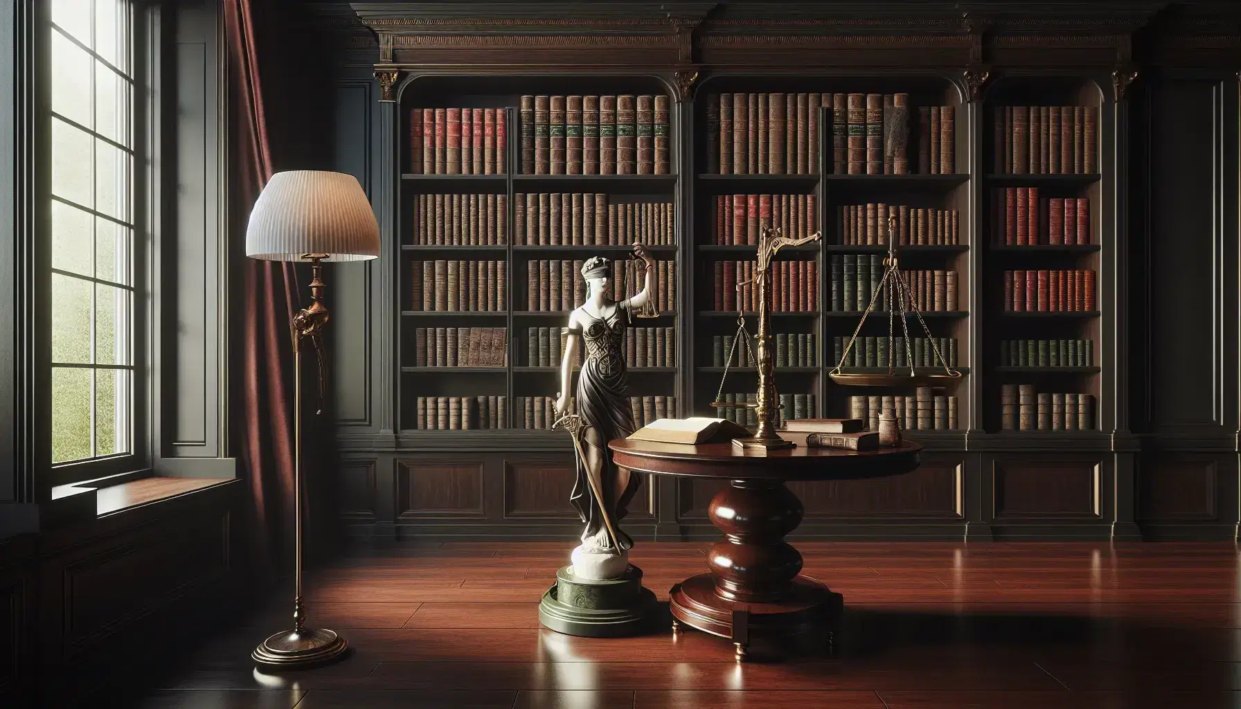 Biblioteca clásica con estanterías de madera oscura llenas de libros encuadernados en cuero, balanza antigua de bronce y escultura de mármol de la justicia, sin escrituras visibles.
