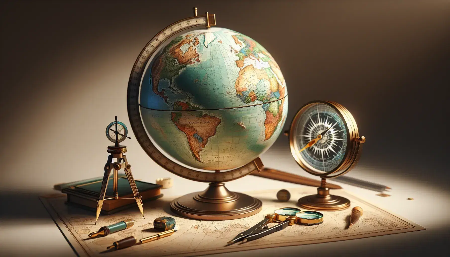 Mappamondo terrestre con colori naturali e strumenti cartografici quali bussola, lente d'ingrandimento e righello su sfondo neutro.