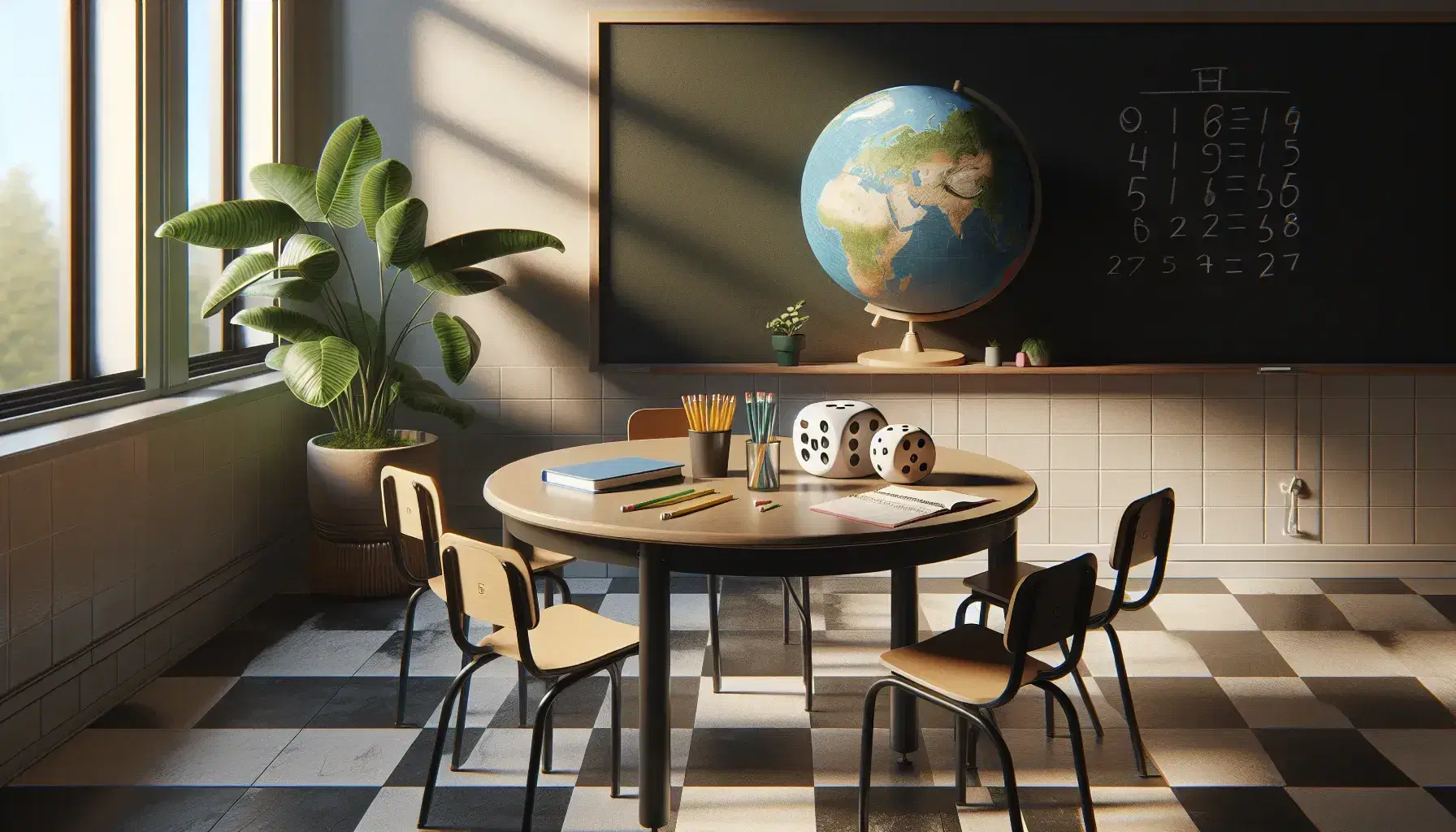 Classroom with round table, white dice, globe, red notebook, yellow pencil, empty black board, green plant and sunlight.