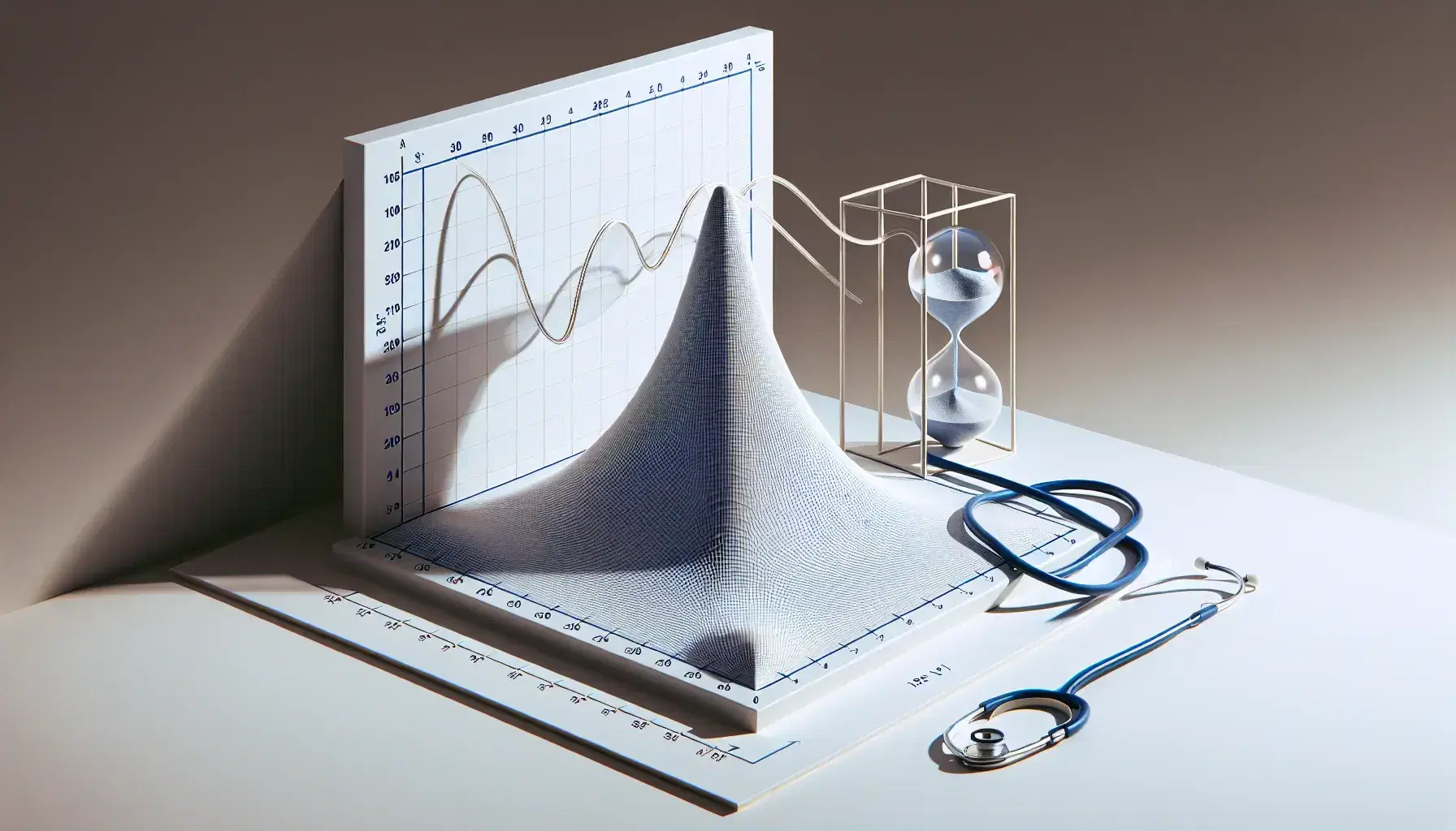 Survival function graph with blue curve declining towards the x-axis, hourglass with sand and black and silver stethoscope.