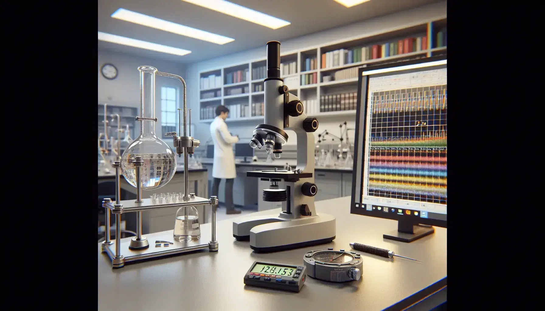 Laboratorio de física con mesa de trabajo, microscopio metálico, soporte universal con frasco de vidrio y cronómetro digital, y persona analizando gráficos en computadora.