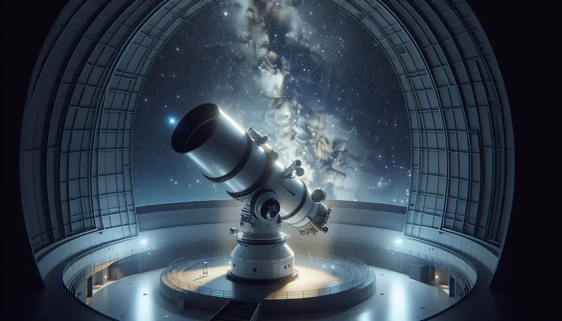 Telescopio reflector grande en observatorio astronómico con cúpula abierta mostrando cielo nocturno estrellado, sin presencia de personas.