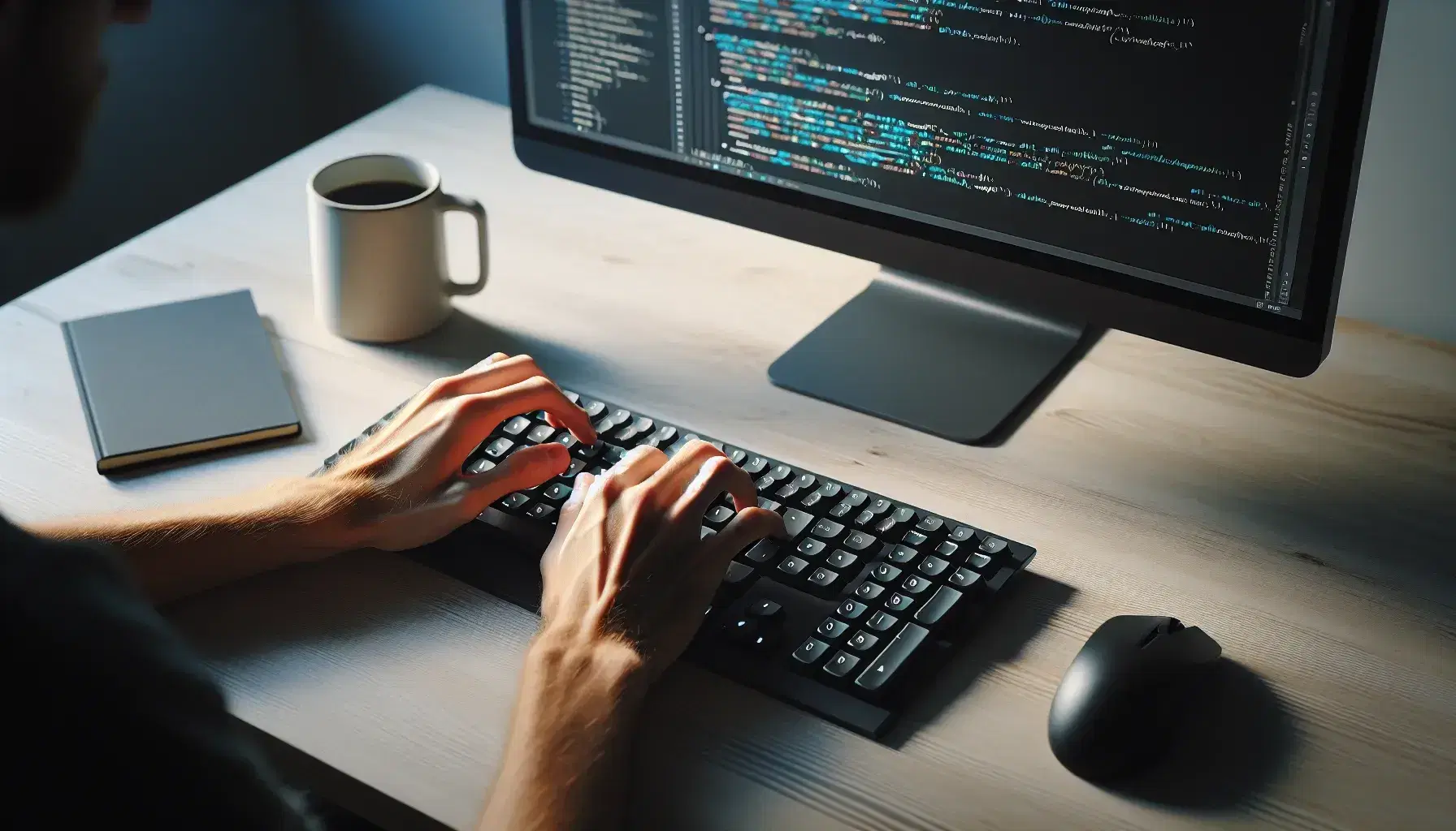 Manos tecleando en un teclado negro con monitor de computadora mostrando código de programación y taza de café en escritorio de madera.