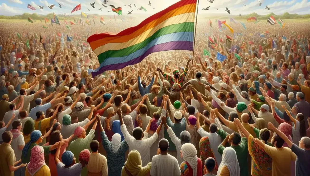 Folla multietnica in festa all'aperto con grande bandiera colorata senza simboli, esprime solidarietà e diversità culturale sotto cielo sereno.