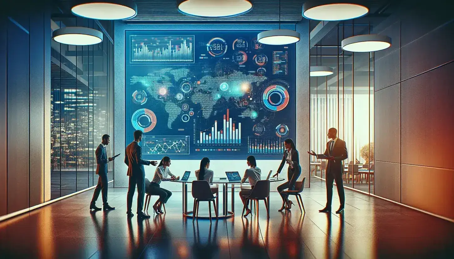 Equipo de profesionales analizando datos en un centro de operaciones con gráficos en laptop, mapa mundial en pantalla y gráficos en pizarra, ambiente de trabajo enfocado.