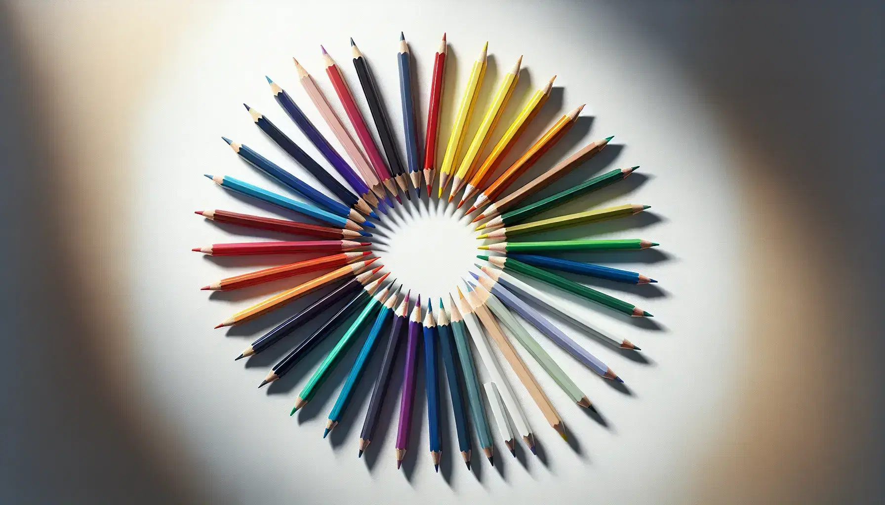 Matite colorate affilate disposte a cerchio con punte verso il centro su sfondo bianco, ombre leggere, varietà di colori.