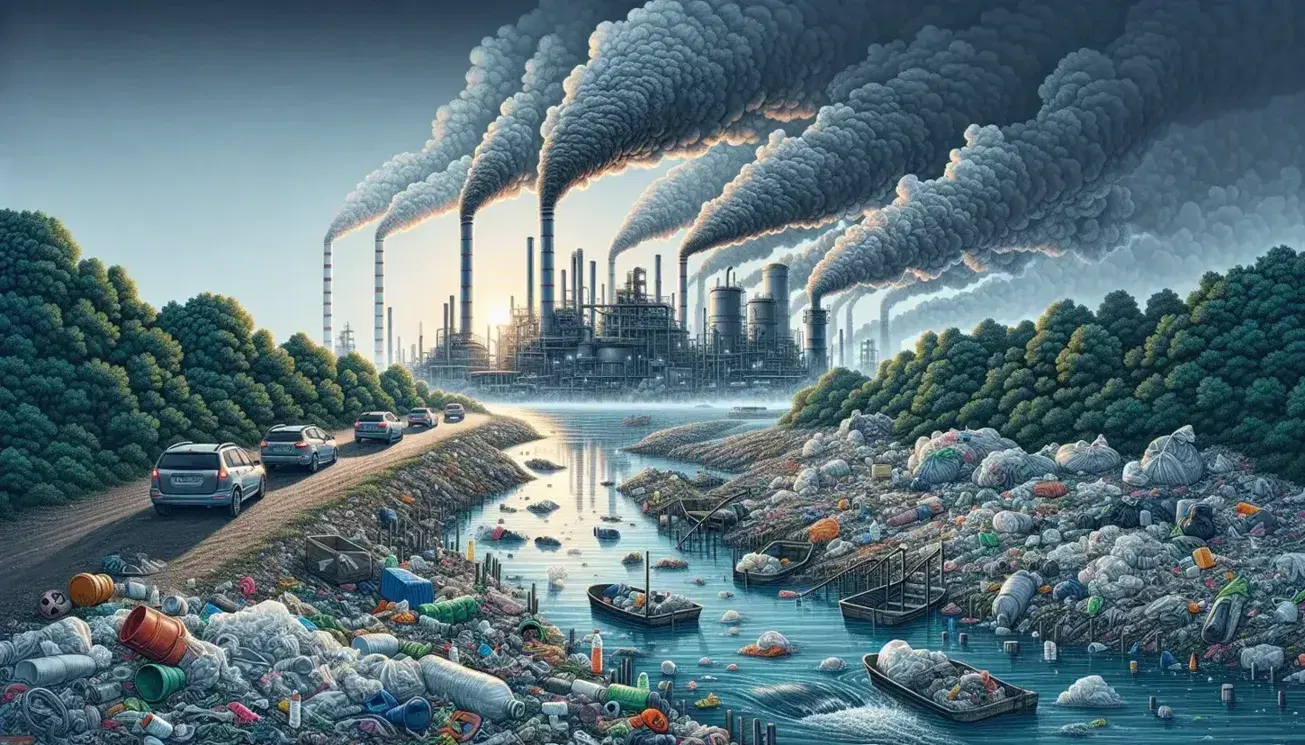 Paisaje industrial con chimeneas emitiendo humo y río contaminado con residuos plásticos, árboles sin hojas y coche expulsando escape.