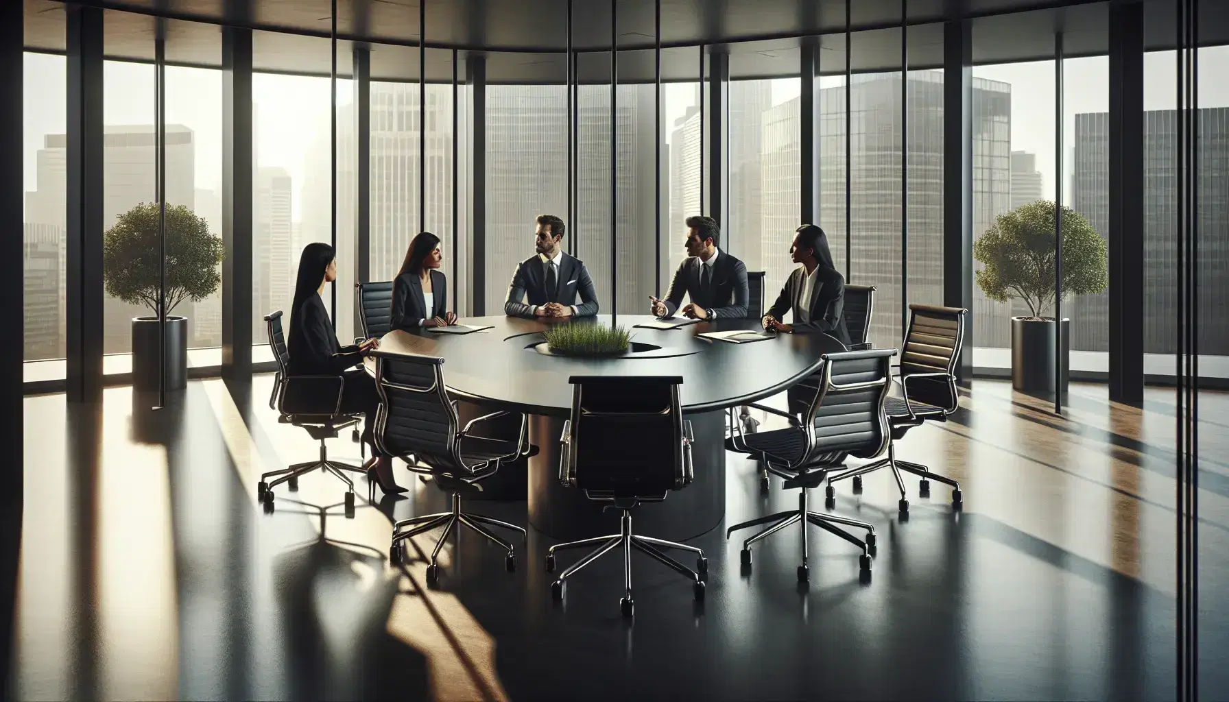 Diverse team of professionals engaged in a meeting inside a well-lit, modern conference room with city views, symbolizing corporate collaboration.