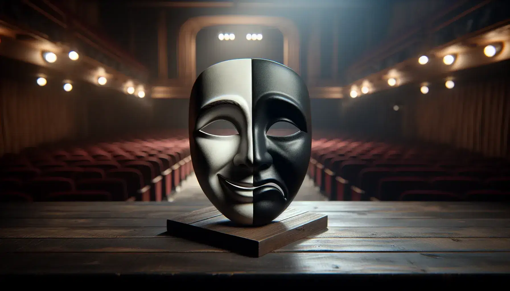 Maschera teatrale bifronte con sorriso e tristezza su tavolo scuro, sfondo sfocato di palcoscenico teatrale vuoto.