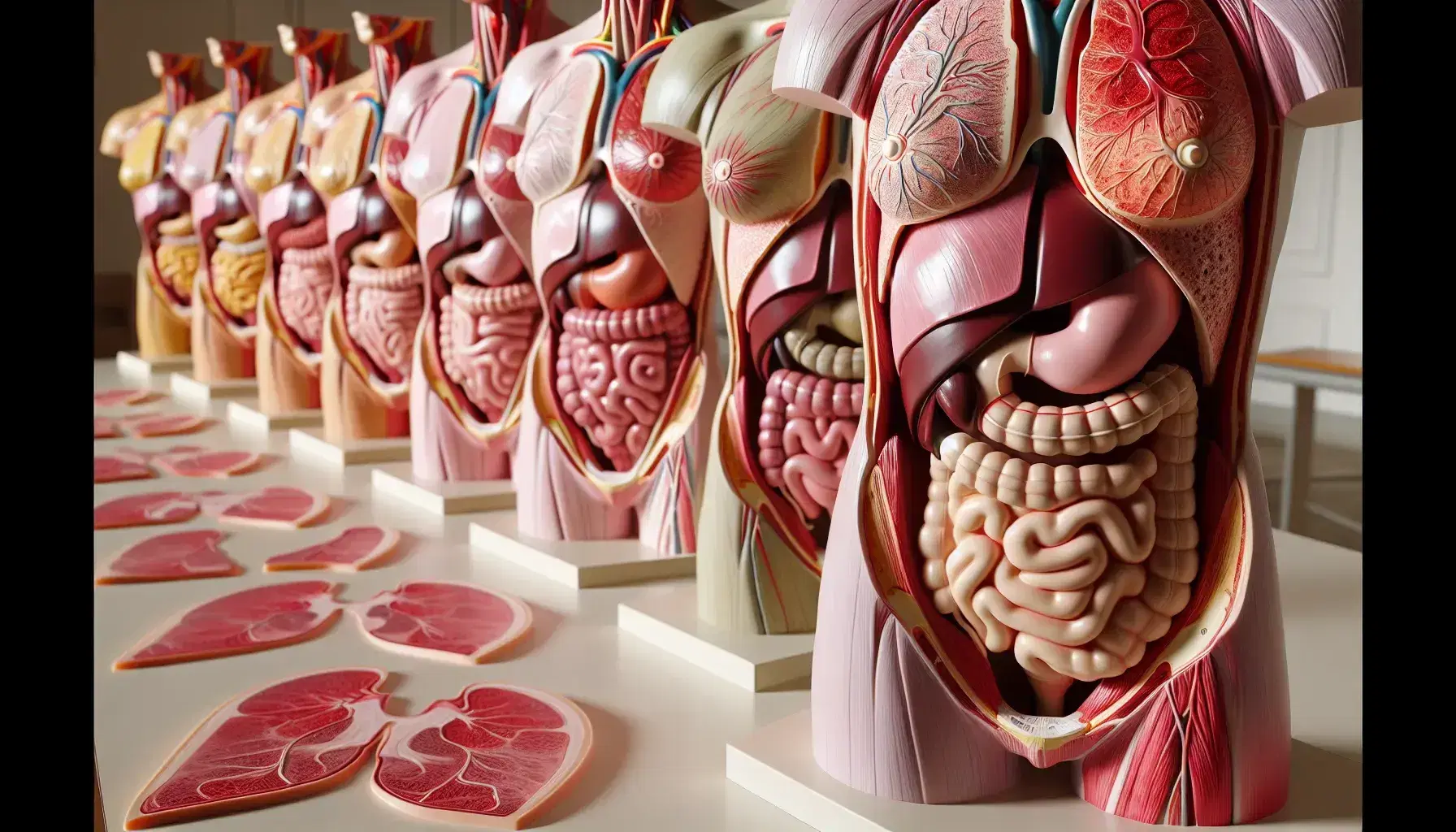 Modelos anatómicos de torsos humanos con diferentes estomas abdominales en una mesa, mostrando capas internas y órganos en colores realistas.