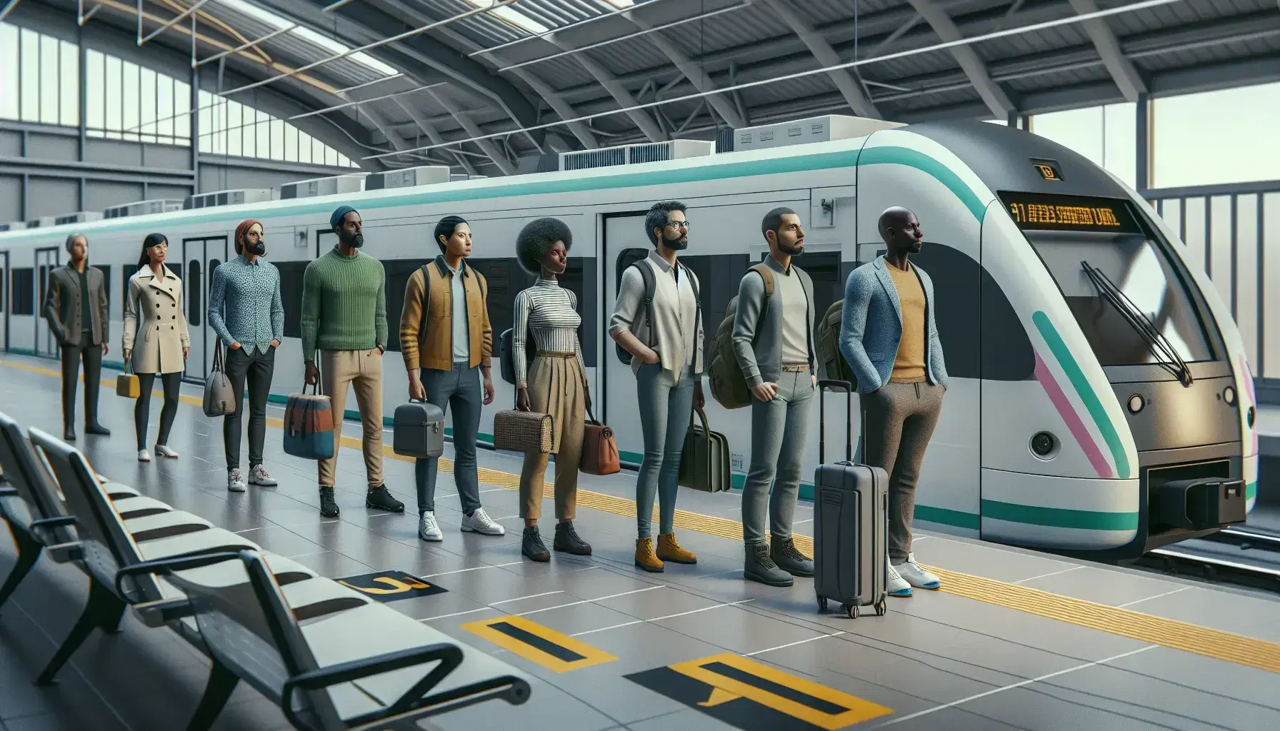 Grupo diverso de personas esperando en estación de transporte con un vehículo de fondo, reflejando multiculturalidad y movilidad urbana.