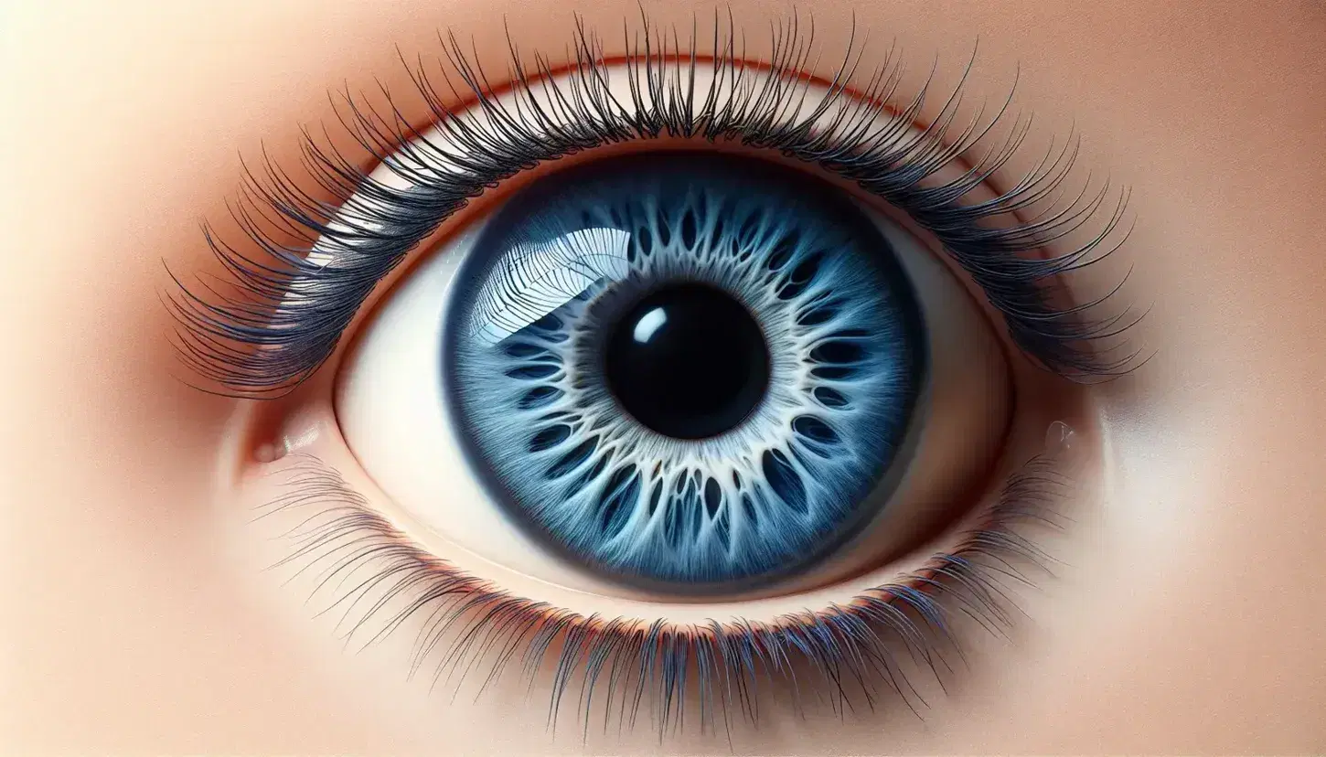 Ojo humano abierto con iris azul intenso y patrón radial, pupila negra reflejando luz, rodeado de esclerótica blanca y pestañas curvas.