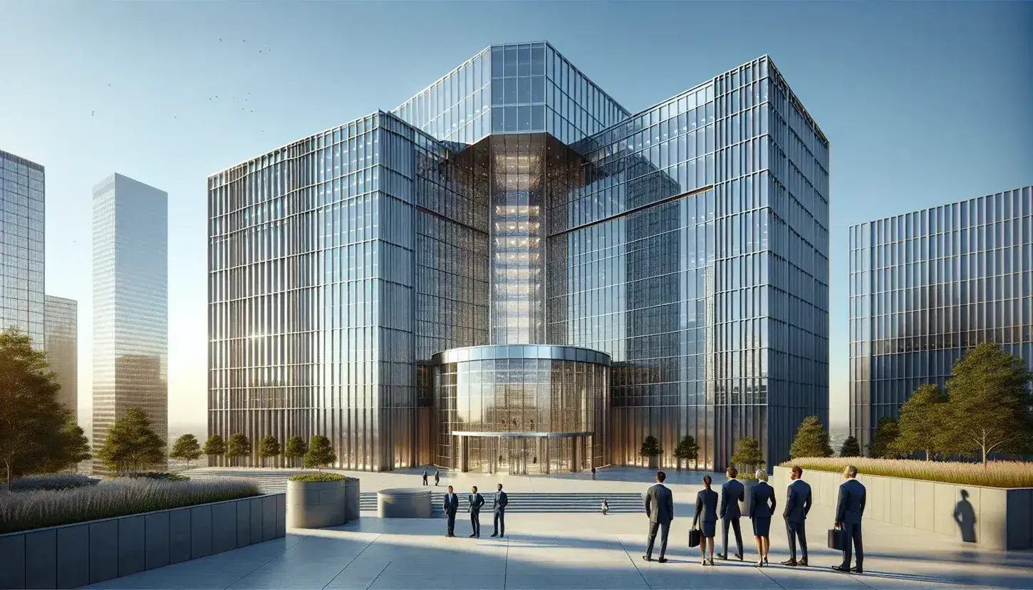 Modern glass skyscraper with reflective windows under a clear blue sky, flanked by professionals in suits and a woman in a navy dress by the entrance.