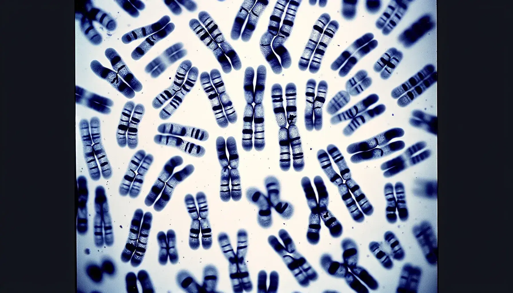 Karyotype displaying 23 pairs of human chromosomes with distinct blue banding, arranged in rows against a white background.
