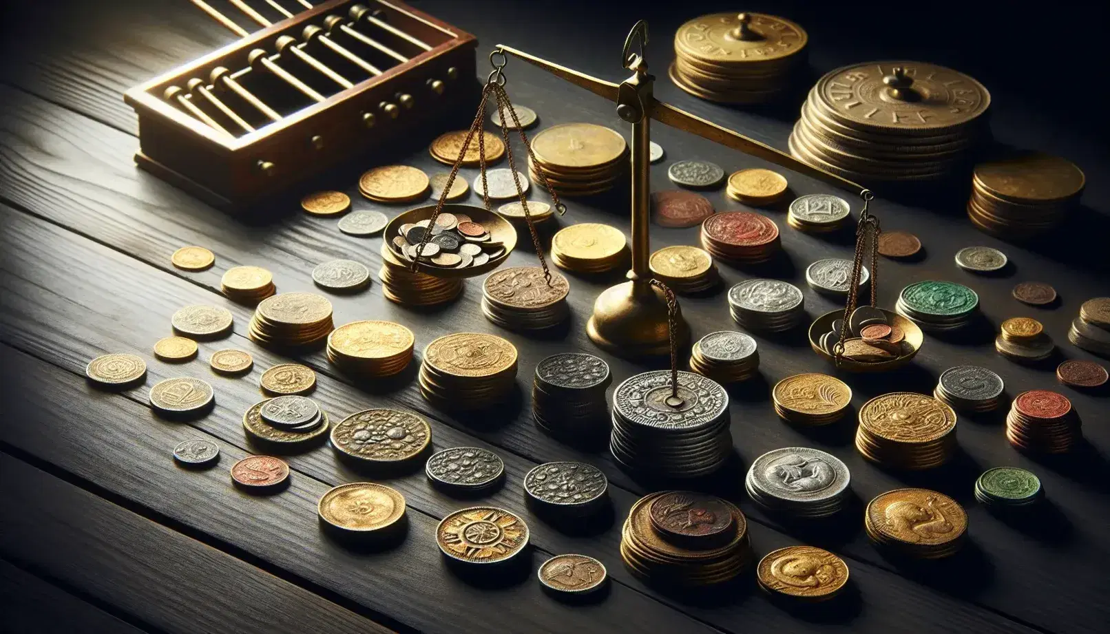 Monete antiche in oro, argento e bronzo su superficie in legno scuro con bilancia in ottone, abaco e orologio da tasca sfocato.